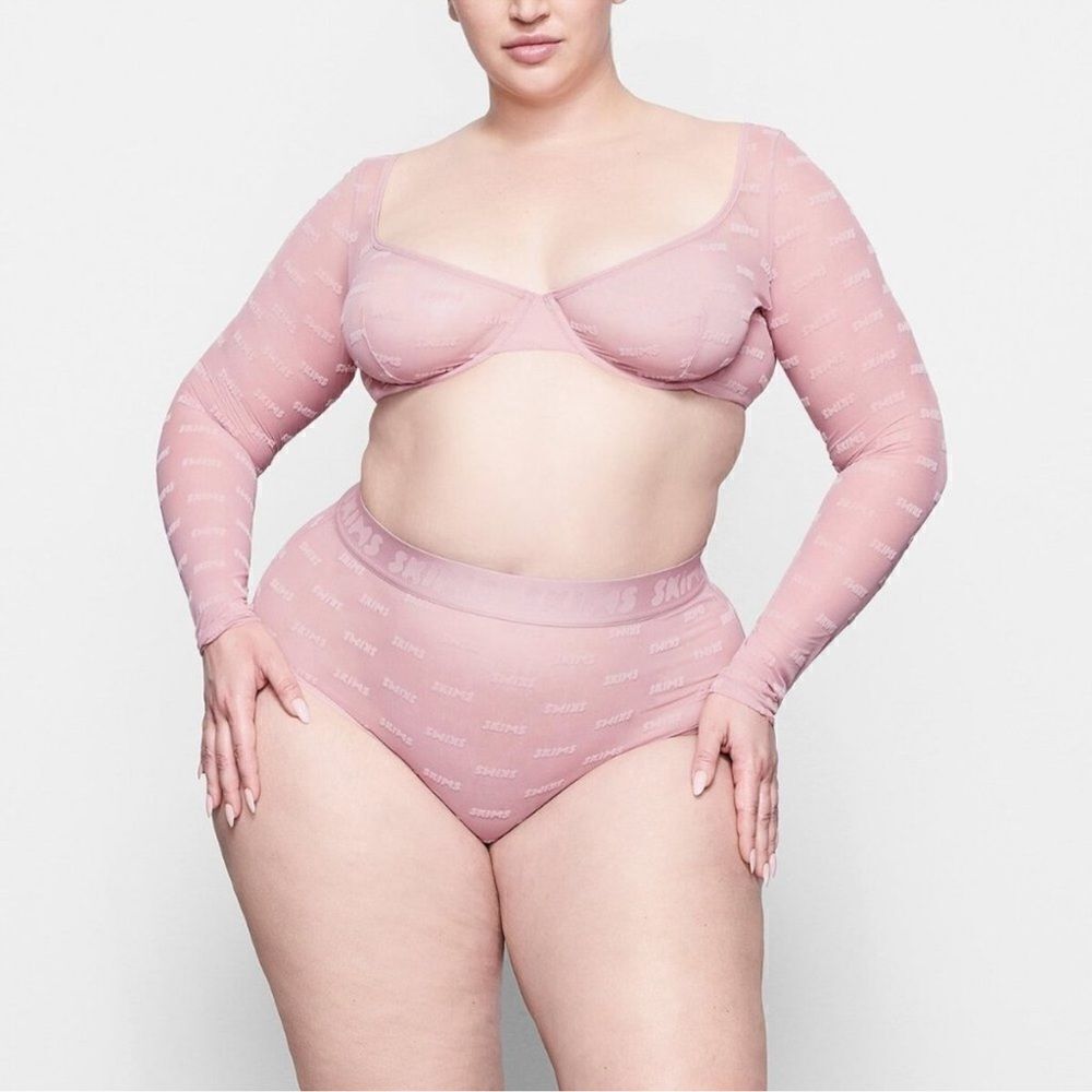 SKIMS After Hours Bra Top Long Sleeve Flocked Logo Mesh NWT